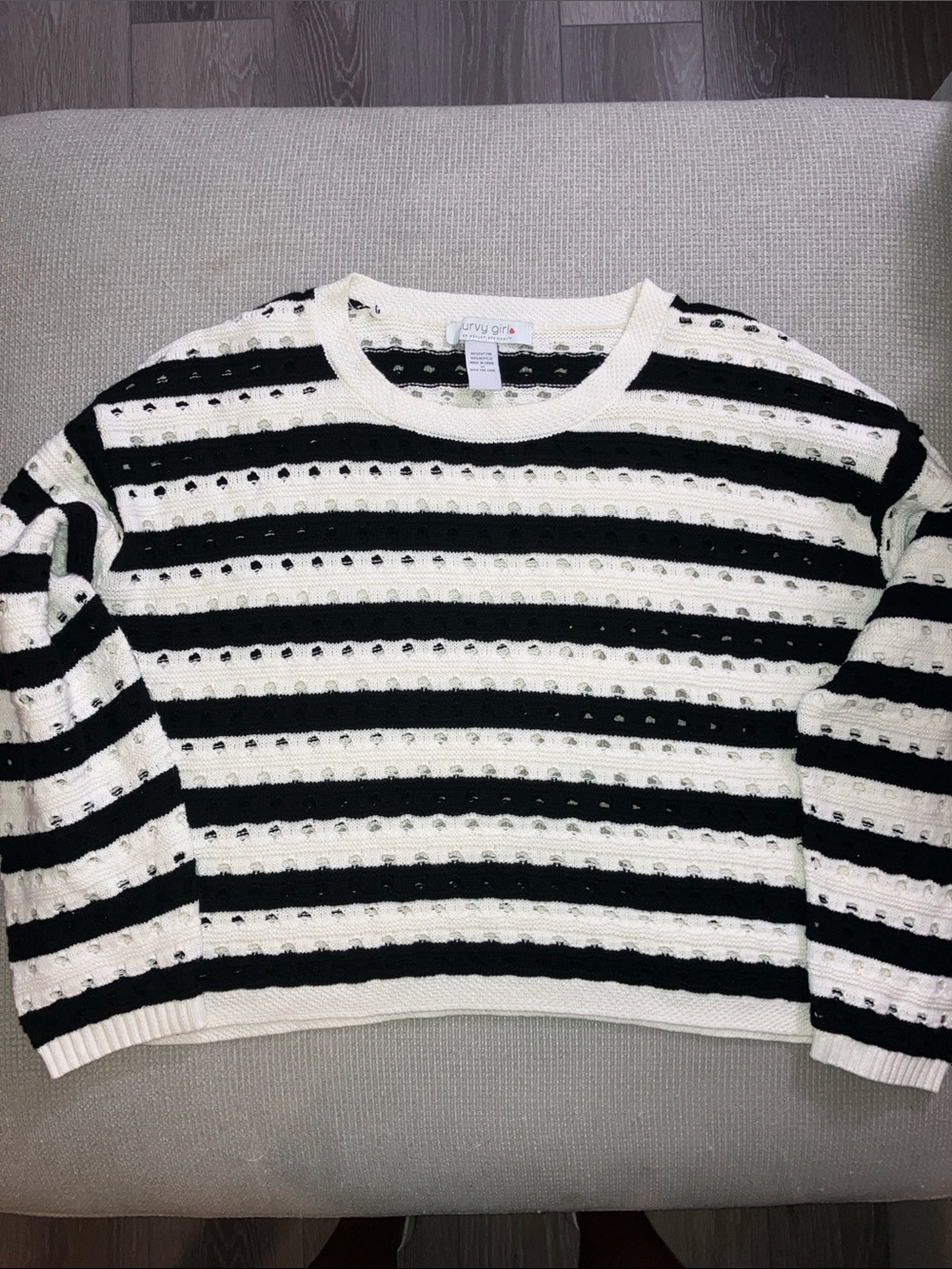 Ashley Stewart Black & White Striped Open-Knit Crew Sweater